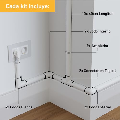 Miniatura 4 de D-Line Canaleta Para Cables 30x15mm Multipack 4m, Perfil Semicircular, Cubrecables Autoadhesivo Pintable Para Gestión De Cables 10x 40cm Con Accesorios Blanco