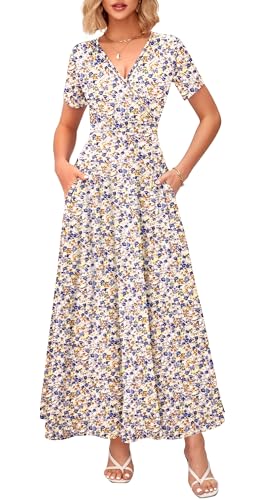 Image of WNEEDU Women's Summer Maxi Dress Short Sleeves Wrap V Neck Long Dresses with Pockets
