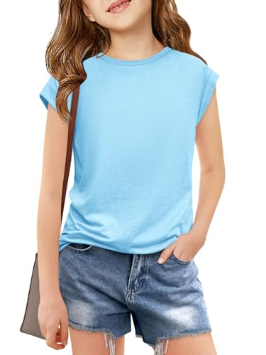 Image of Haloumoning Girls Cap Sleeve T Shirts Kids Summer Crewneck Solid Tops Tees 5-14 Years