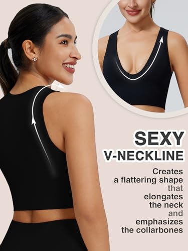 Longline Deep V Neck Sports Bra for Women Ribbed Crop Tank Top Full Back Removable Pads Wirefree Medium Support Yoga Bra3