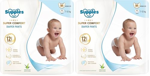 Image of Amazon Brand - Supples Super Comfort Baby Diaper Pants | Medium (7-12 kg), 70 Count | Dermatologically tested, Ultra-Thin, Soft & Breathable | Wetness Indicator, Anti-Leak, All-Night Absorbency