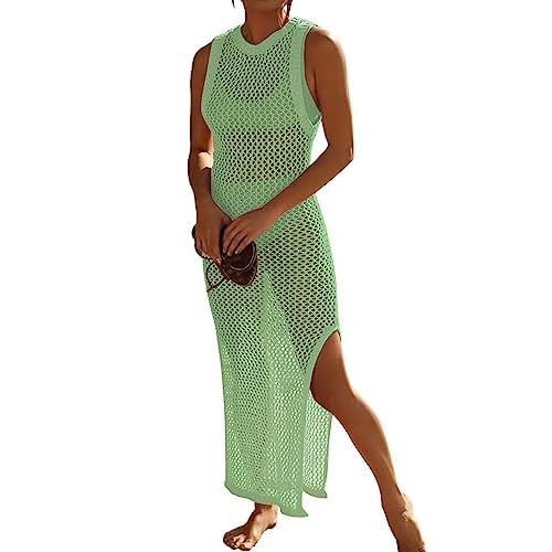 AILUNSNIKA Womens Crochet Swimsuit Cover Up Hollow Out Long Bikini Cover Up Sleeveless Side Split Beach Dress One Size A-light Green