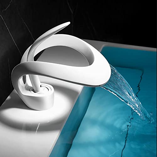 Waterfall Bathroom Counter Top Taps Bath Basin Mixer Tap Mono Brass Faucet,White,Low - Image 2