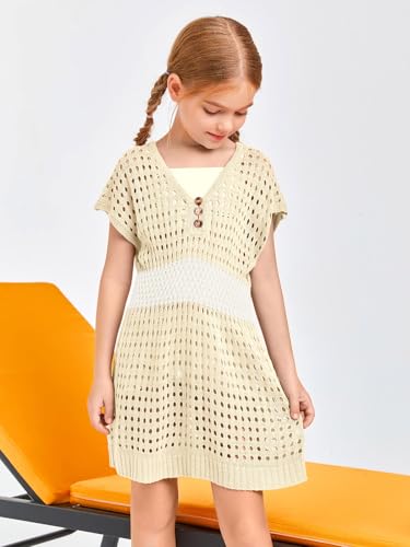 Image of Haloumoning Girls Crochet Swim Beach Cover Up Kids Fashion Button Short Sleeve Swimsuits Cover Ups 5-14 Years
