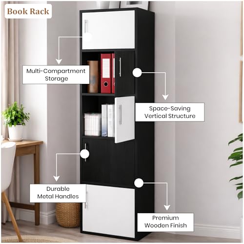 Image of Callas Wooden Book Rack | Multi-Compartment Storage Cabinet | Space-Saving Vertical Bookshelf with Doors | Durable & Sturdy Organizer for Home & Office (Black, 5 Tier)