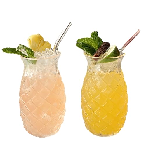 QVK Set of 2 Pineapple Shaped Cocktail Glasses with Straws Drinkware, Vintage Embossed Pineapple Cups for Cocktails, Wine, Juice, Water, Milk