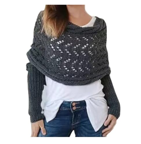 Multifunctional Scarf with Sleeves, Women Knitted Cable Wrap with Sleeves, Crochet Scarf Sweater Wrap (Dark Grey, One Size)