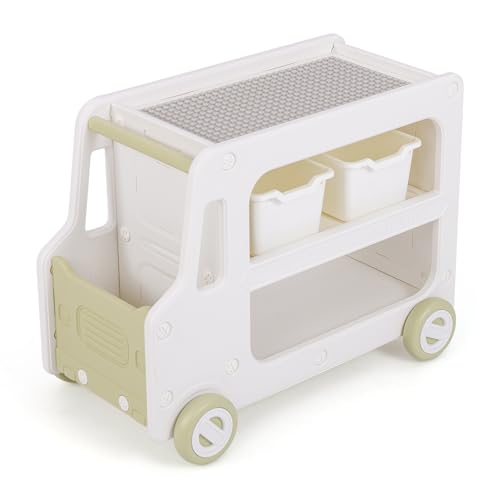GOPLUS Mueble de Almacenamiento para Niños, Organizador de Juguetes en Forma de Coche, 2 Estantes y 2 Cestas, Esquinas Redondas, Carrito para Sala de Juegos, Habitación Infantil, Salón