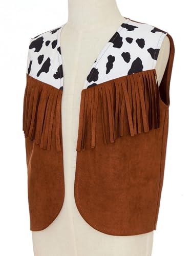 JEATHA Kids Cowboy Vest Sleeveless Suede Leather Fringed Cow Print Jacket for Halloween Carnival Party3