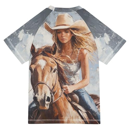 Western Cowgirl Horse Boy Bathing Suit Short Sleeves Active Tees Swimwear Beach Tops 3T2