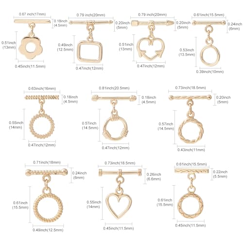 UR URLIFEHALL 10 Pcs 10 Styles Brass Toggle Clasps Connectors Golden Ring Flower Arrow Heart T-Bar Clasp for Jewellery Crafts Making - Image 2
