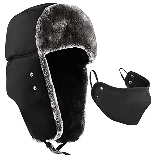 Colleer Winter Warm Hat, Ushanka Trapper Hunting Hats Unisex Waterproof Skiing Hat with Ear Faps Facemask Black