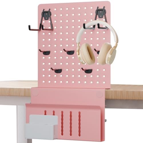 Desk Side Storage with Clamp-on Pegboard,Desk Side Storage,Steel Privacy Panel,No Drill Side Desk Organizer with Pen Holder,Table Side Organizer Laptop Holder for Office and Home (Pink)