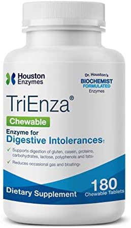 Houston Enzymes – TriEnza – 180 Chewable Tabs (45 Doses) –Broad-Spectrum Enzymes for Digestive Intolerances –Supports Digestion of Gluten, Casein, Soy, Proteins, Carbohydrates, Sugars, Fats & Phenols