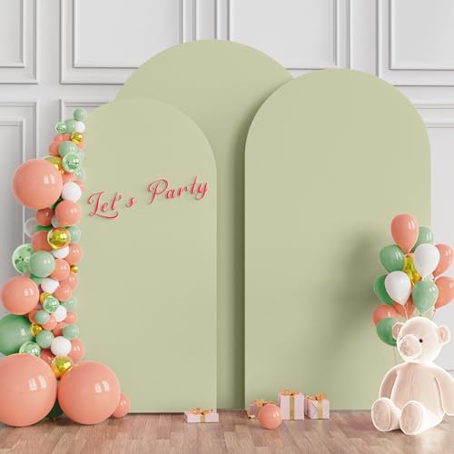 Image of Wokceer Wedding Arch Backdrop Cover (7.2FT, 6.6FT, 6FT) Set of 3 Spandex Fitted Wedding Arch Stand Covers for Round Top Chiara Backdrop Stands Cover for Birthday Party Ceremony Decor Sage Green