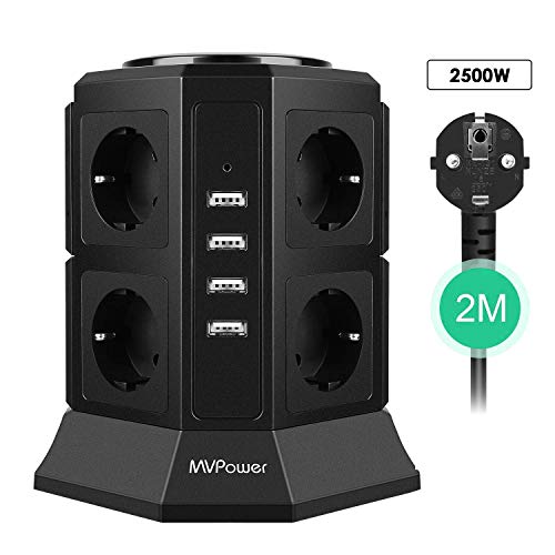 Steckdosenleiste mit USB, MVPower 8 Fach Mehrfachsteckdose mit 4 USB Ladeanschlüsse (5V/4,5 A) und 2M Verlängerungskabel, Überspannungsschutz für iPhone XS/XR, Huawei P30 Pro usw.