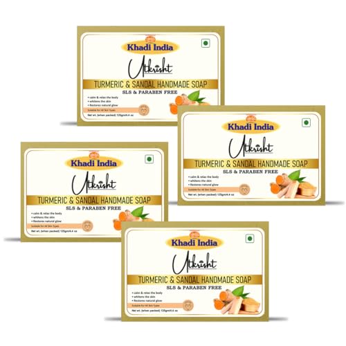 Image of Khadi Turmeric & Sandal Handmade Bathing Soap Bar 125g (Pack of 4) | Natural & Herbal | Glowing & Brightening Skin | For Even Skin Tone & Breakouts | All Skin Types | For Men & Women