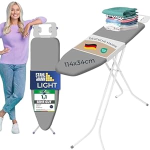 STAHLMANN ® Bügelbrett [114x34 Bügelfäche ] grau mit rutschfesten Füßen – robuster Bügeltisch – extra stabiles Bügelbrett [Made IN EU] – Tischbügelbrett