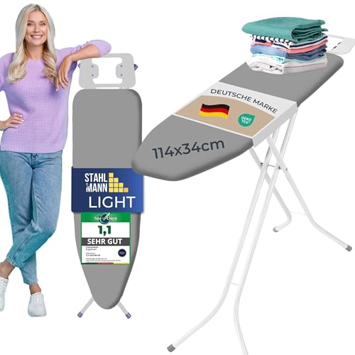 STAHLMANN ® Bügelbrett [114x34 Bügelfäche ] grau mit rutschfesten Füßen – robuster...