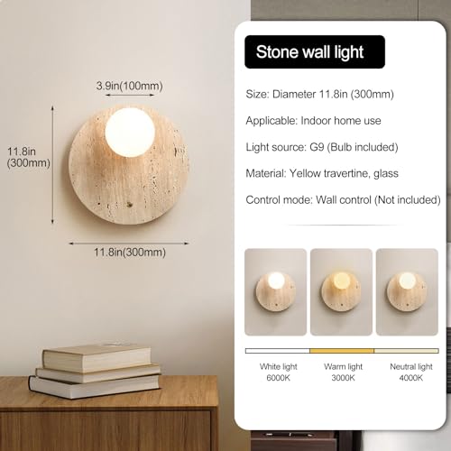 Image of Stone Wall lamp Set of 2 with Glass Lampshade Indoor Round Travertine Wall Sconce G9 Base Wall Lights Fixtures with Switch for Bedroom Living Room Bathroom Vanity