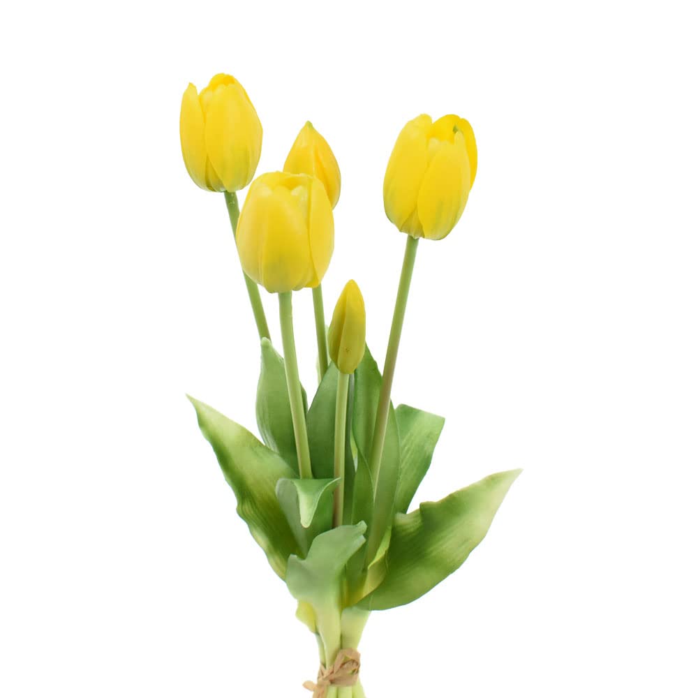 EDG Enzo de Gasperi Flor artificial de tulipán gomoso para decoración exterior, ramo de 5 tulipanes amarillos falsos H40 cm