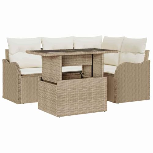 vidaXL Juego de Sofás de Jardín de 5 Piezas con Cojines Beige de Rattan Sintético. Muebles de Exterior con Pies Ajustables y Diseño Tejido a Mano Relajarte en el Patio o en la Terraza,