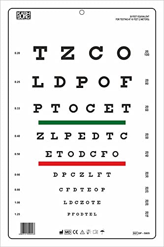 Snellen Chart with Red Green Lines 10 Feet Size 14 x 9 Inches