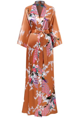 Image of BABEYOND Women's Kimono Robe Long Satin Robes with Peacock and Blossoms Printed Kimono Nightgown