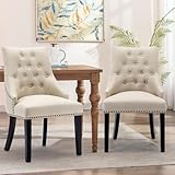 LSSBOUGHT Dining Chairs Set of 2 Padded Studded Armchairs Upholstered Tufted Accent Chairs with Black Solid Wooden Legs Nailed Trim Living Room Chairs for Home Kitchen Bedroom, Beige