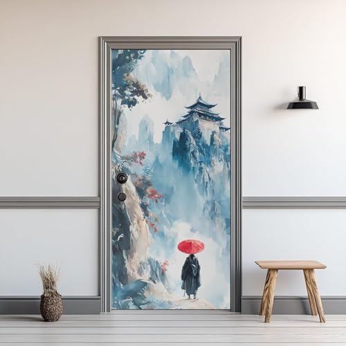 Stickers Porte Style Japonais Sticker Porte Trompe L'oeil Paysage 3D Poster Mural Papier Peint Auto Adhésif Autocollants de Décoration pour Porte 77x200 cm...