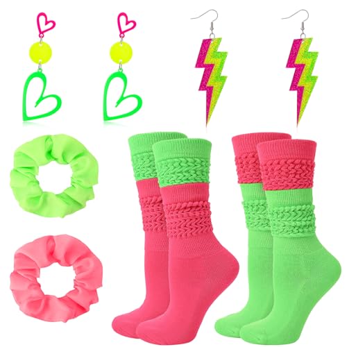 ZhouBoat 80s Neon Accessories for Women Neon Slouch Socks Heart Earrings Scrunchies for 80s 90s Party Halloween (Rose Red Green)