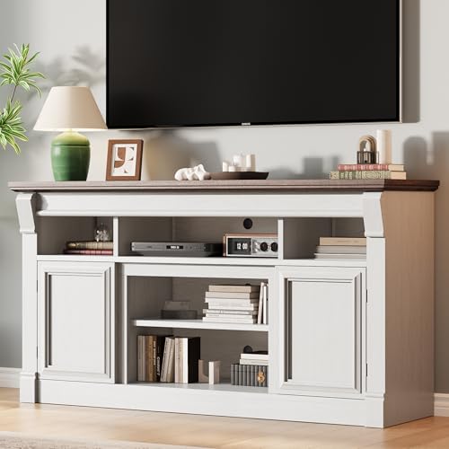 GAOMON TV Stand for TVs Up to 65 Inches, Entertainment Center with Open Storage Shelves and Cabinets, Farmhouse Media TV Console Table for Living Room, Bedroom, White 59in-white