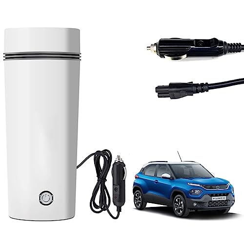 Image of Oshotto 12V Portable Electric Water Bottle for Hot Water Tea Coffee Kettle Mug Multipurpose Food Grade Fast Boil Auto Shut-off For Travel Camping, Road Trip Compatible with Tata Punch (350ml) - White
