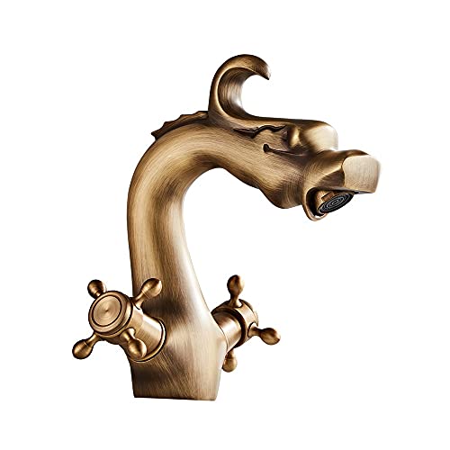 Grifo mezclador para lavabo de baño de latón antiguo con doble mando y forma de dragón