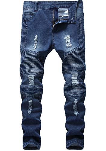 Boy's Stylish Moto Biker Skinny Ripped Wrinkled Stretch Fit Denim Jeans