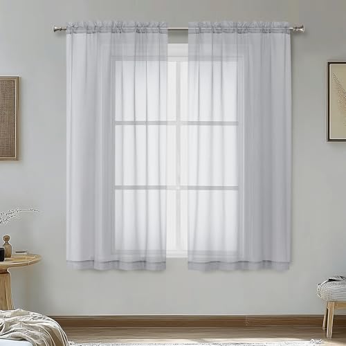 Image of OVZME Light Grey Sheer Curtains 54 Inches Long 2 Panels - Soft Light Filtering Window Sheer Panels for Living Room /Bedroom, Top Dual Rod Pocket, 1 Pair, Each 42Wx54L Inches