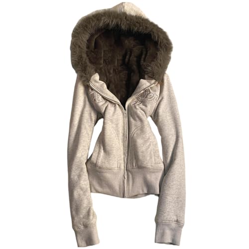 ORANDESIGNE Y2K Hoodie Damen Zip Up Winterjacke mit Fellkapuze Vintage Grunge Streetwear Kapuzenpullover mit Reißverschluss F Grau S