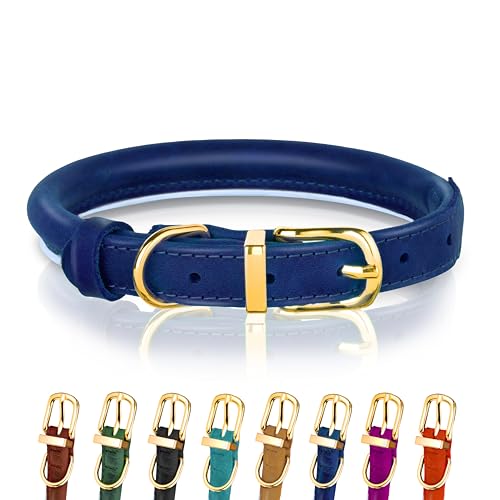 OOPSDOGGY Reflective Rolled Leather Dog Collar Adjustable Soft Padded Pet Collar for Small Medium Large Breed Dogs (Blue, S, 10"-13")