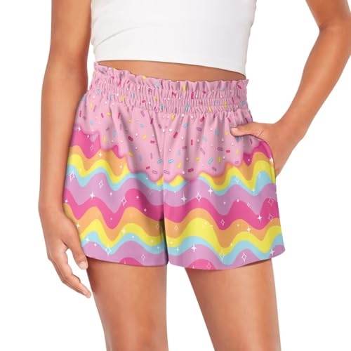 Frymappies Rainbow Ice Cream Kids Shorts Girls 13Y 14Y Fashion Summer Shorts Kids Casual Graphic Short with Pockets Comfy High Waisted Short Outdoor Street Cycling Clothes