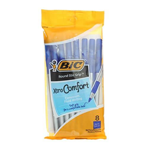 Bolígrafos BIC Xtra Comfort Round Stic azul con grip ergonómico y punta media, pack escolar de 8