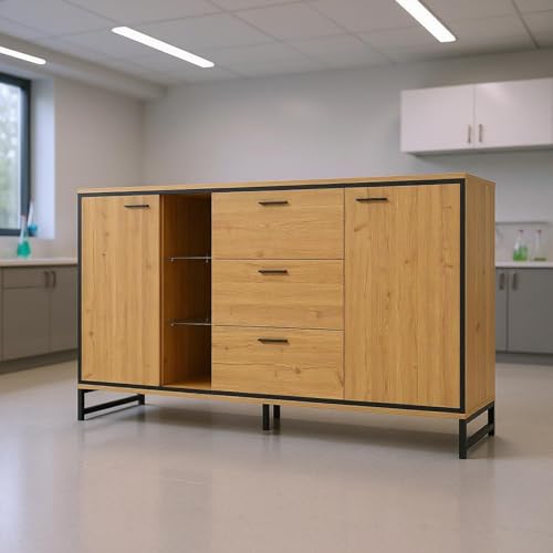 HOMYLIN Armario de almacenamiento de suministros de laboratorio con iluminación LED, cajones de profundidad múltiple, 160 x 40 x 85 cm, color natural