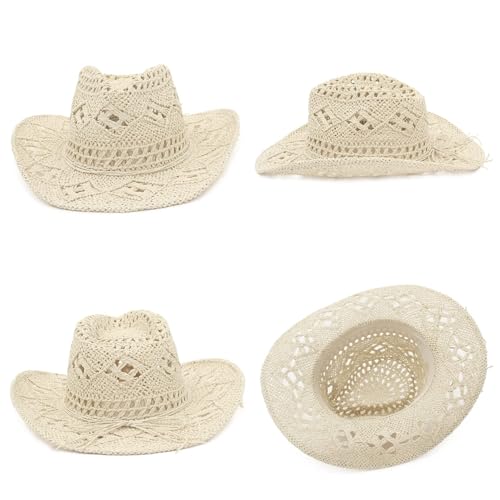 Image of Men & Women's Summer Cowboy Cowgirl Straw Hat Hollow Out Woven Roll Up Wide Brim Sun Hat with Chin Strap