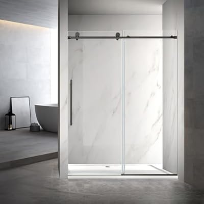 Sunrosa 60" W x 76" H Frameless Shower Door, Sliding Shower Door with Soft Close System, Glass Shower Door with 3/8" (10 mm) Clear SGCC Tempered Glass, Matte Black
