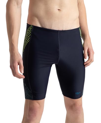 Image of Speedo Men Endurance10 Tech Print Placement Panel Jammer - True Navy, Hyper Yellow & Dark Teal