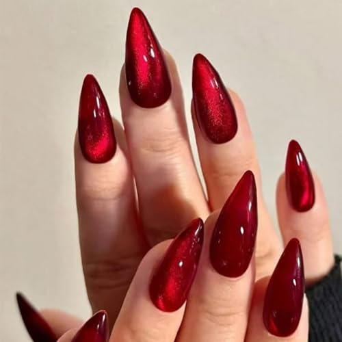 Auriselle 24 pièces 12 tailles Set d'ongles à coller Yeux de chat rouges Forme d'ongle amande Nail Tips Ongles à coller Faux ongles longs artificiels Mariages Fêtes Quotidien Femmes, Rouge