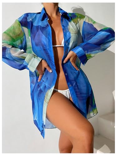 MakeMeChic Women's Tie Dye Beach Kimonos Button Down Shirt Long Sleeve Sheer Swimsuit Cover Up3