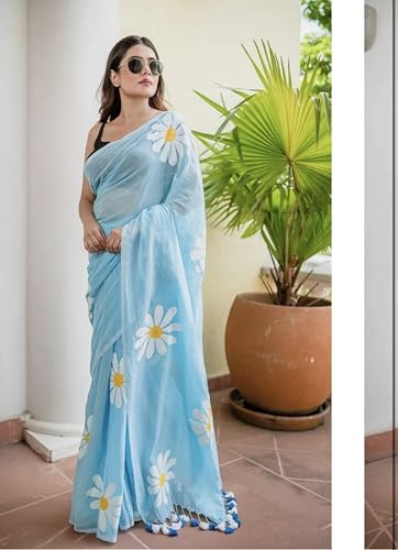 Image of Lilan Cotton Saree with White Daisy Floral Prints Tassel Pallu Lightweight Summer Saree