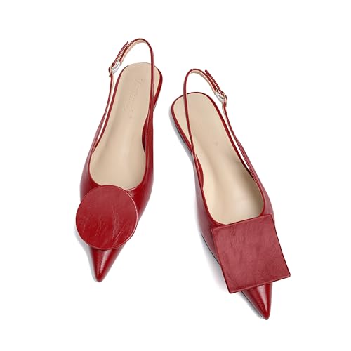 Vertundy Women's Red Slingback Flats Pointed Toe Flats for Women Ankle Strap Sandals Circle Square Decorative Fashion Design Pumps Shoes
