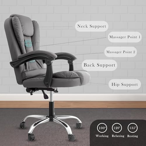 Image of Casa Copenhagen Italia Premium Leatherette Office Chair for Work | Boss Chair, Ergonomic Executive, Luxurious Cushioned Arms & Seat, 2 Point Back Massager, Heavy Duty Metal Base (Grey)