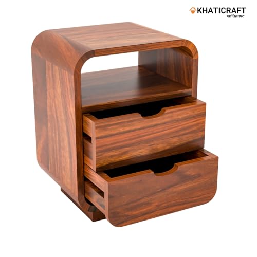 Image of Solid Sheesham Wood Rami Bedside Table with 2 Drawer and Shelves Storage for Bedroom Furniture | Wooden Bedside End Tables | Nightstand Side Table for Living Room and Home (Natural Finish)